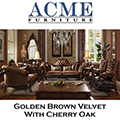 Golden Brown Velvet w/Cherry Oak Finish 2PC Pkg;  Luxurious Design with Elaborate Wood Carvings