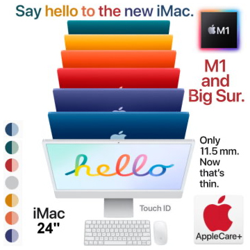 Apple 24"iMac� w/Retina4.5K Display, AppleM1 Processor, 8GB Memory, 256GB SSD, Touch ID & AppleCare+