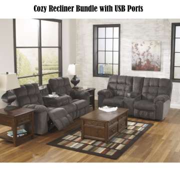 Cozy Up In Our 3-Piece Bundle Package Featuring Drop Down Center Table with 2 Cup Holders