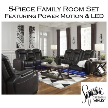 Bundle Up & Save with this 5-PC Family Room Package Featuring LED & Touch Motion Recline in Midnight