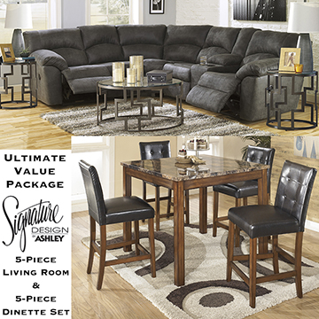 Ultimate Value Pkg Featuring Reclining Sectional, Cocktail & End Table + 5PC Counter Height Dinette