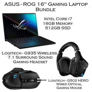 ASUS 16" Intel Core i7 16GB Memory Gaming Laptop Bundle with Gaming Headset, and Mouse