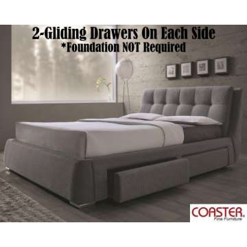 Gray Upholstered Queen StorageBed With 2-Gliding Drawers On Each Side & Biscuit Tufting On Headboard