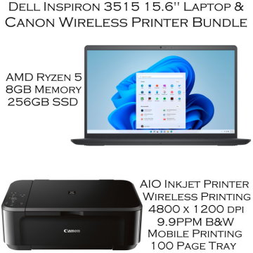 Dell Inspiron 15.6" Laptop, AMD RYZEN 5 -256GB SSD Bundled with Canon AIO Printer