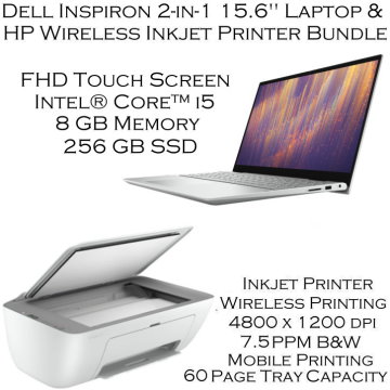 Dell Inspiron 2-in-1 15.6" Touch Laptop in Silver Featuring HP Wireless Inkjet Printer