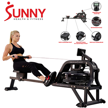 Sunny Health & Fitness Obsidian Surge Water Rowing Machine with Digital Monitor