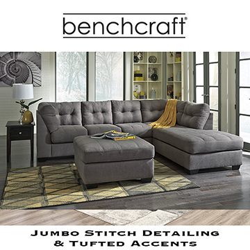 Contemporary Plush Charcoal Sectional + Ottoman with Jumbo Stitching and Tufted Accents
