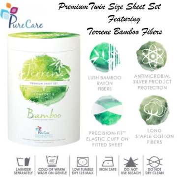 Terrene Premium Bamboo Twin Sheet Set w/Rayon Fibers by PureCare in 5 Colors