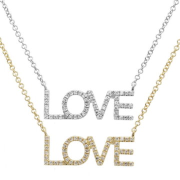 Womens 14K Gold Block Love Diamond Necklace on 16" Length Chain - Choice of White or Yellow Gold