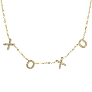 Womens 14k Gold Spaced XOXO Diamond Necklace on 16" Length Chain in Yellow Gold