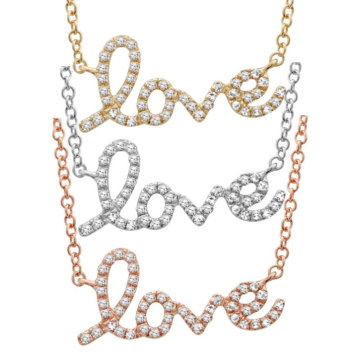 Womens 14k Gold Script Love Diamond Necklace on 16" Length Chain in Yellow, White, or Rose Gold