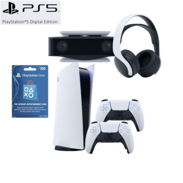 PlayStation5 Digital Edition Console $100 Gift Card, HD Camera, Wireless Headphones & 2 Controllers